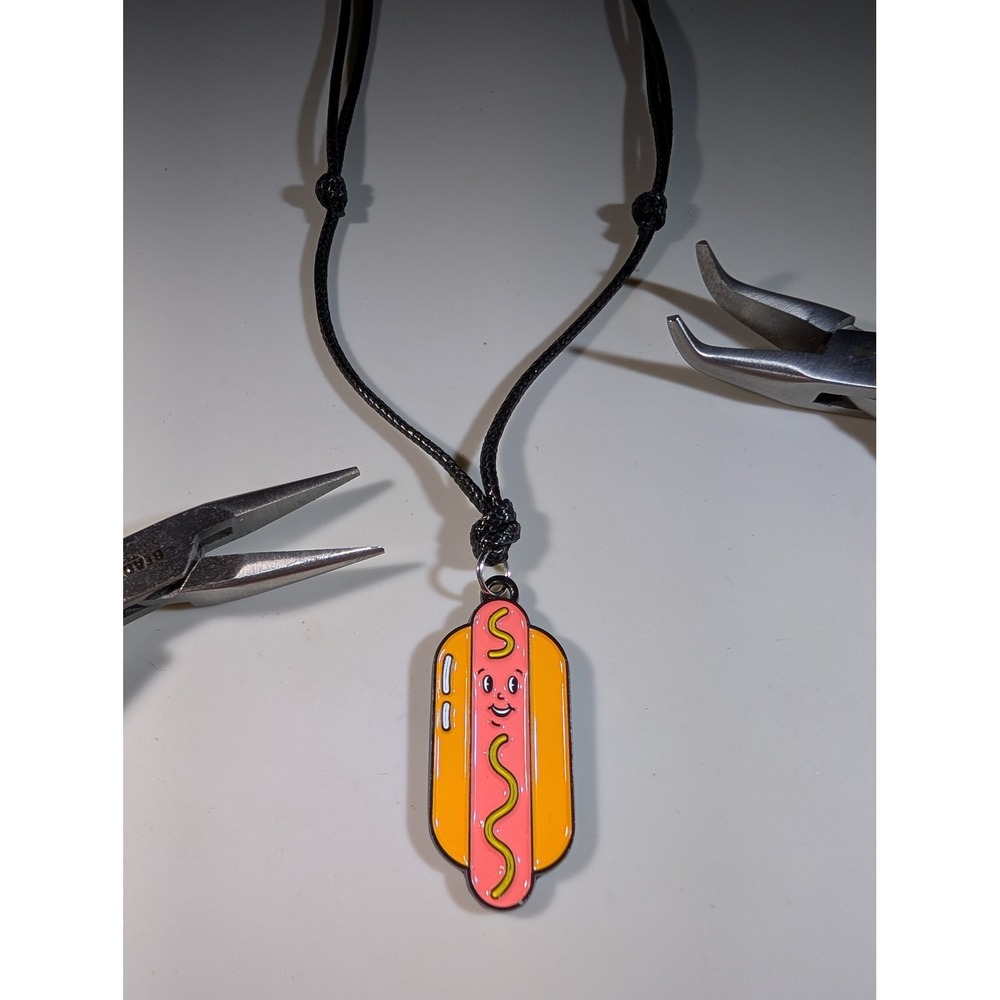 Handmade Hot Dog Enamel Pendant Adjustable Black Cord Necklace‎ Foodie Jewelry
